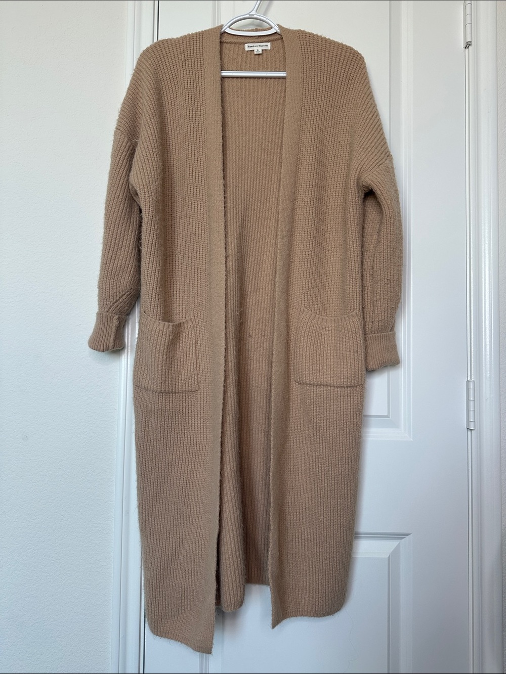 Newbury Kustom Camel Long Open-Front Knit Cardigan Sweater